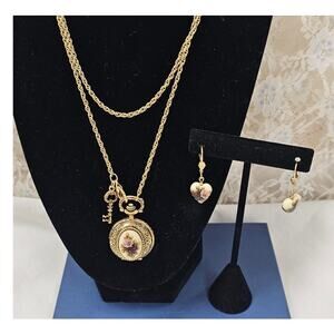 Vintage 1928  Porcelain Rose Pocketwatch Necklace & Jacket Heart Earrings